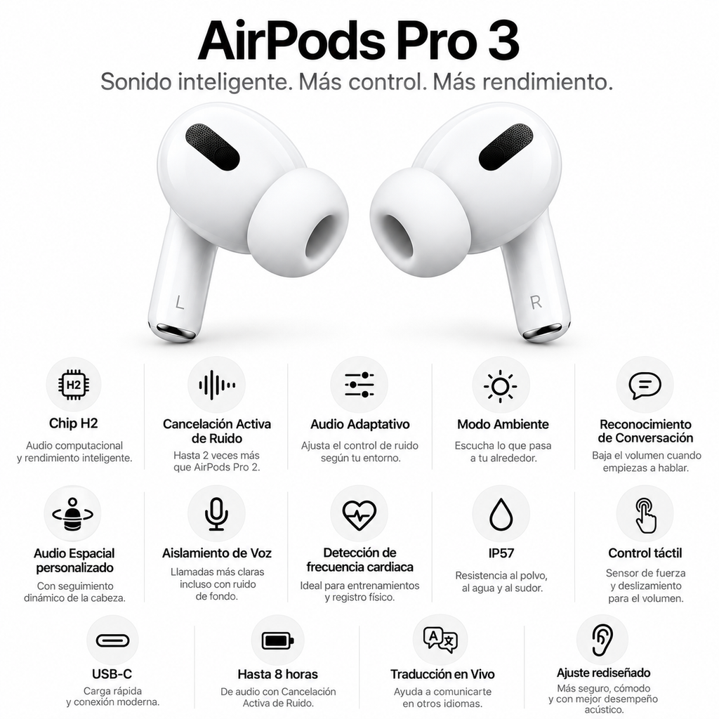 AirPods Pro 3 - caracteristicas: chip H2, Cancelacion Activa de Ruido hasta 2 veces mas que AirPods Pro 2, deteccion de frecuencia cardiaca, IP57, hasta 8 horas de audio, Traduccion en Vivo y ajuste rediseñado