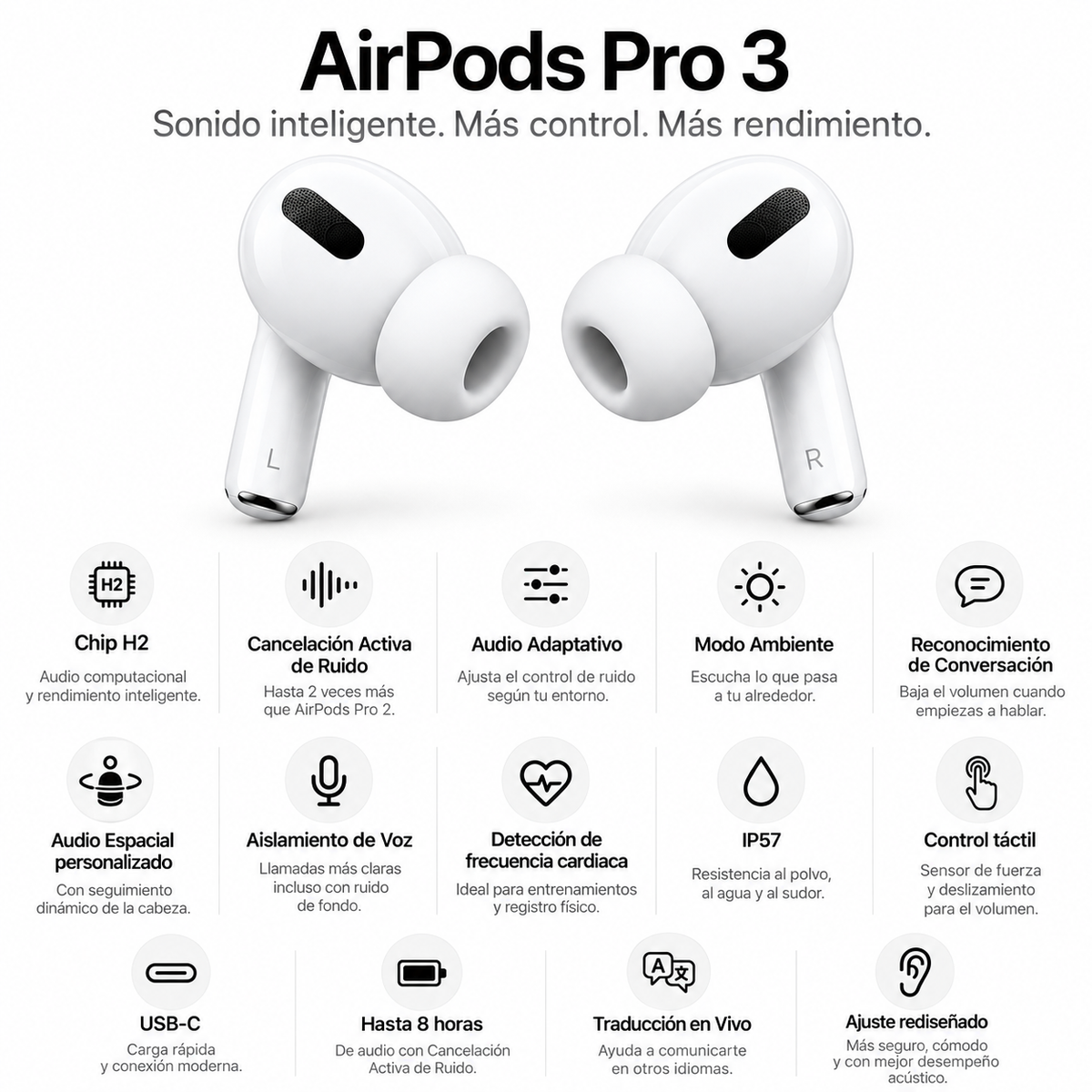 AirPods Pro 3 - caracteristicas: chip H2, Cancelacion Activa de Ruido hasta 2 veces mas que AirPods Pro 2, deteccion de frecuencia cardiaca, IP57, hasta 8 horas de audio, Traduccion en Vivo y ajuste rediseñado