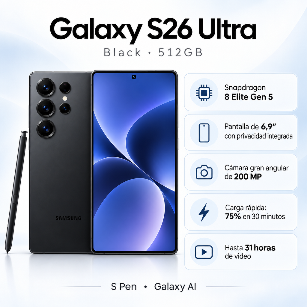 Galaxy S26 Ultra - caracteristicas: Snapdragon 8 Elite Gen 5, pantalla de 6,9 pulgadas con privacidad integrada, camara gran angular de 200 MP, carga rapida al 75% en 30 minutos, hasta 31 horas de video, S Pen y Galaxy AI