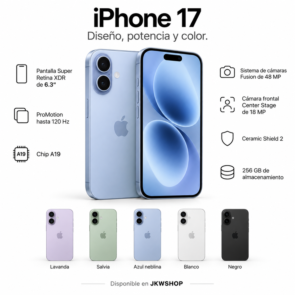 iPhone 17 - caracteristicas: pantalla Super Retina XDR de 6,3 pulgadas, ProMotion hasta 120 Hz, chip A19, camaras Fusion de 48 MP, camara frontal Center Stage de 18 MP, Ceramic Shield 2 y los colores Lavanda, Salvia, Azul neblina, Blanco y Negro