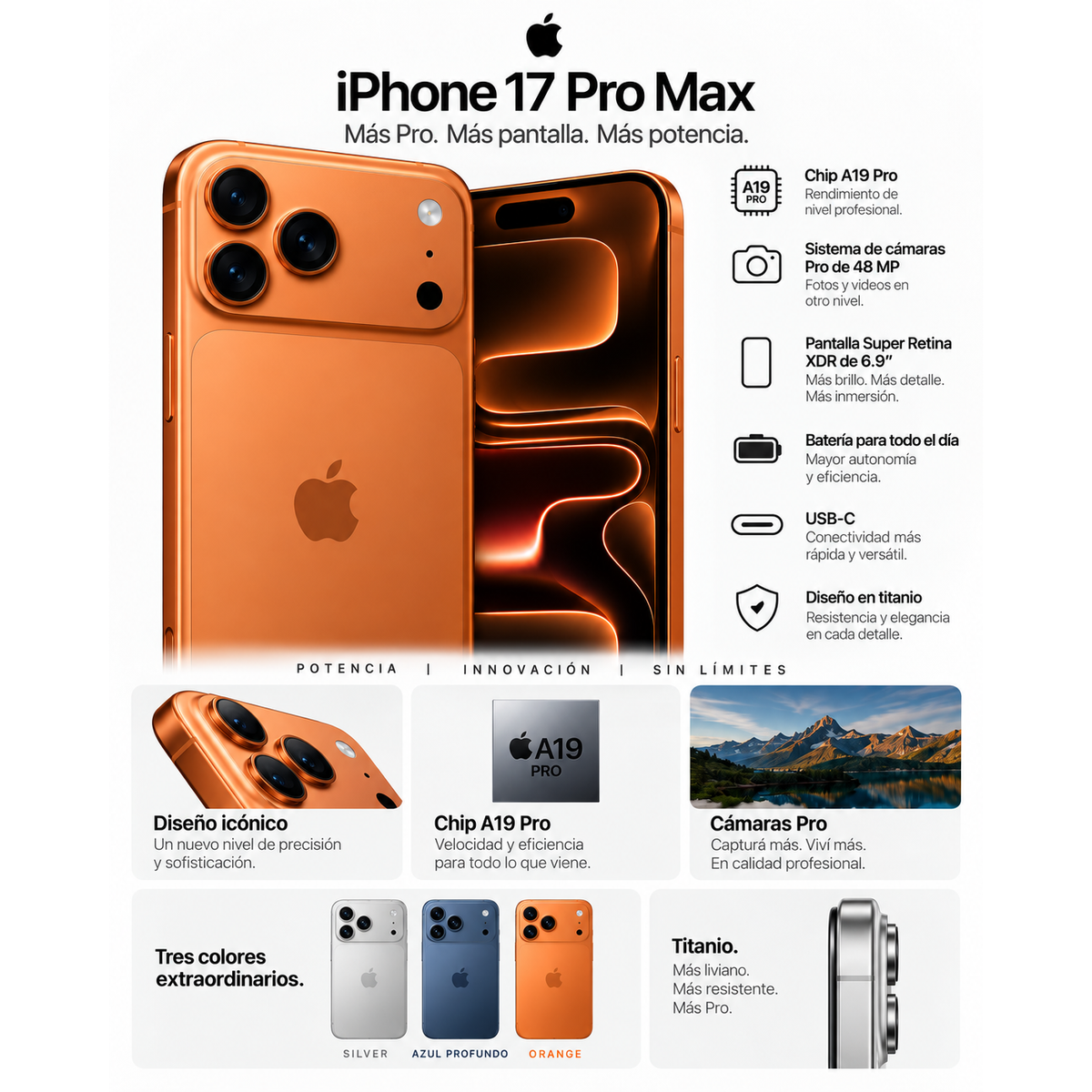 iPhone 17 Pro Max - caracteristicas: chip A19 Pro, camaras Pro de 48 MP, pantalla Super Retina XDR de 6,9 pulgadas, bateria para todo el dia, USB-C y diseno en titanio
