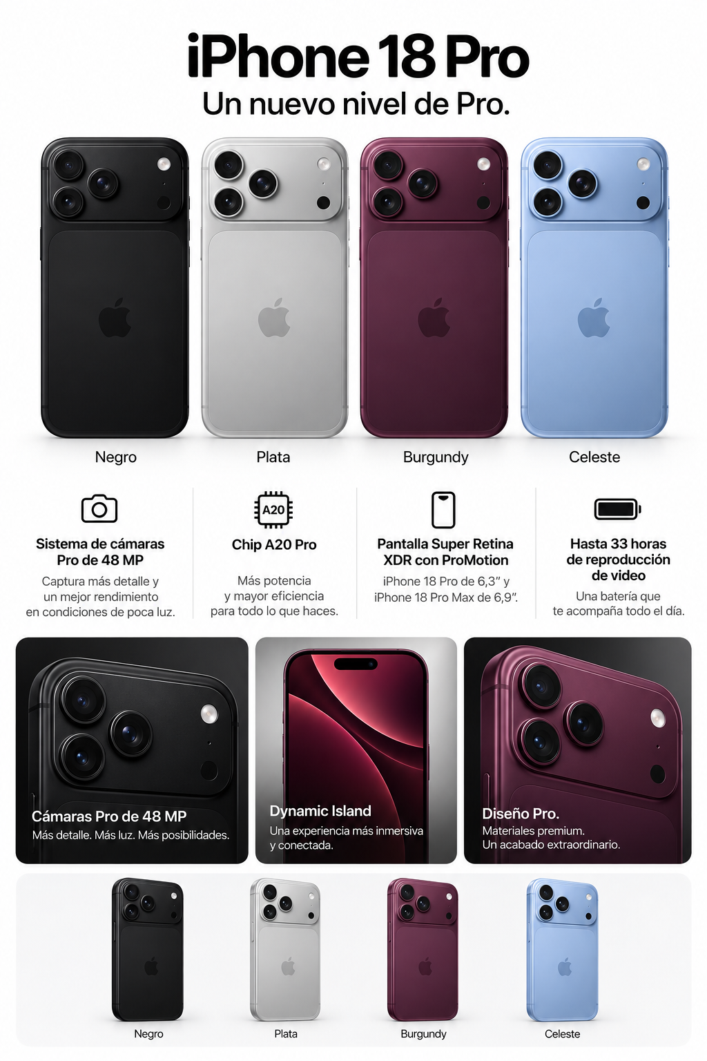 iPhone 18 Pro - colores Negro, Plata, Burgundy y Celeste, sistema de camaras Pro de 48 MP, chip A20 Pro, pantalla Super Retina XDR con ProMotion de 6,3 o 6,9 pulgadas, Dynamic Island y hasta 33 horas de reproduccion de video