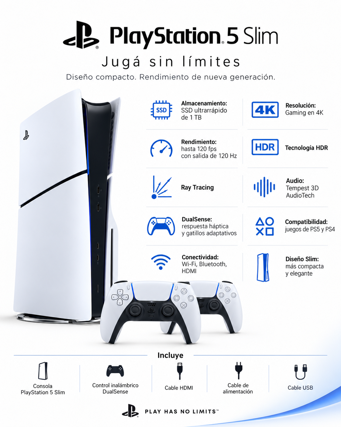PlayStation 5 Slim - caracteristicas: SSD de 1 TB, gaming en 4K, hasta 120 fps, HDR, ray tracing, Tempest 3D AudioTech, DualSense con respuesta haptica, compatible con PS5 y PS4, Wi-Fi y Bluetooth