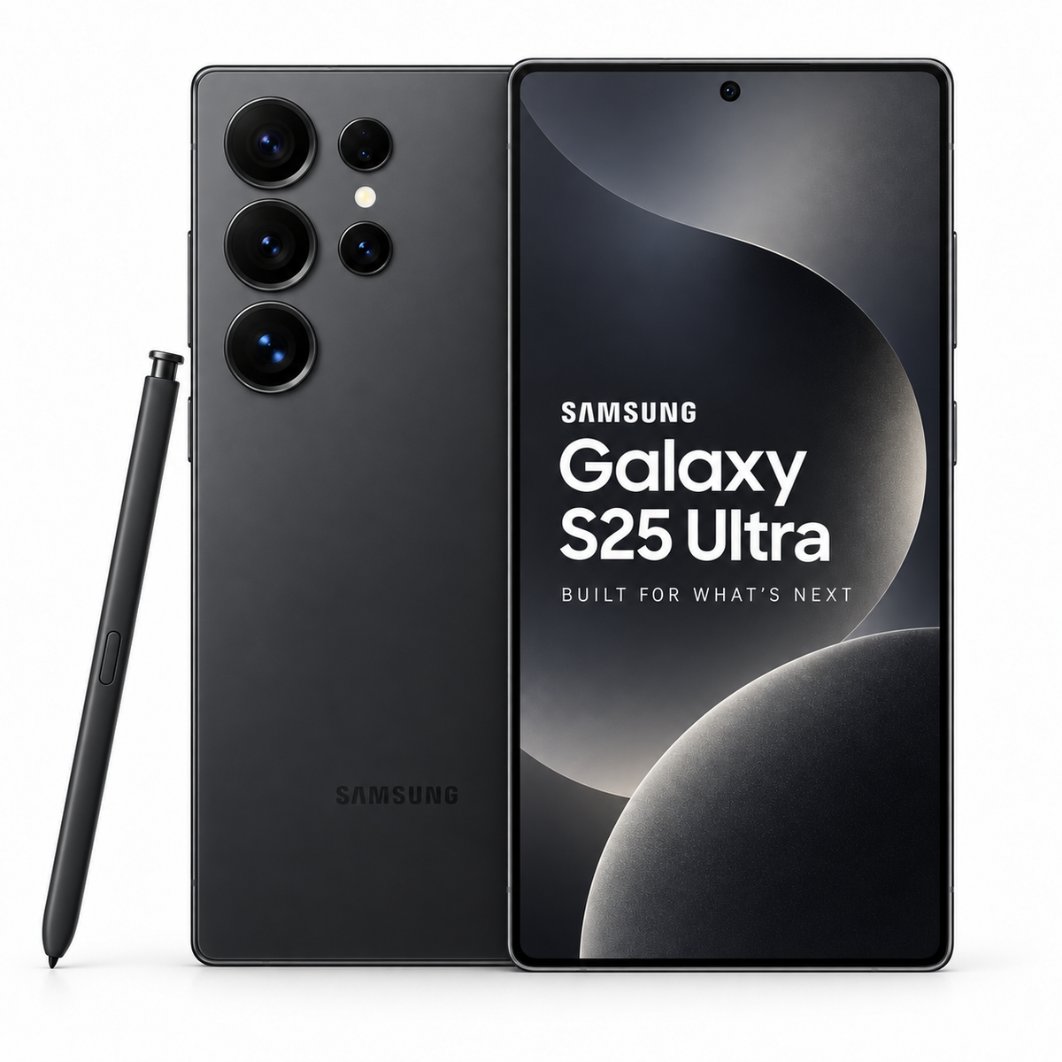 Samsung Galaxy S25 Ultra color Titanium Black - frente, dorso y S Pen