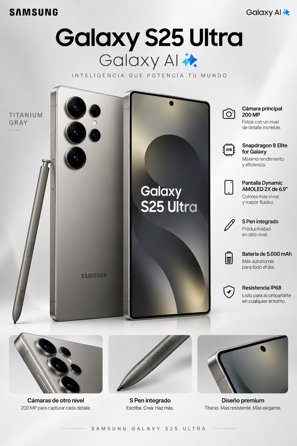 Samsung Galaxy S25 Ultra - caracteristicas: camara principal de 200 MP, Snapdragon 8 Elite for Galaxy, pantalla Dynamic AMOLED 2X de 6,9 pulgadas, S Pen integrada, bateria de 5000 mAh y resistencia IP68