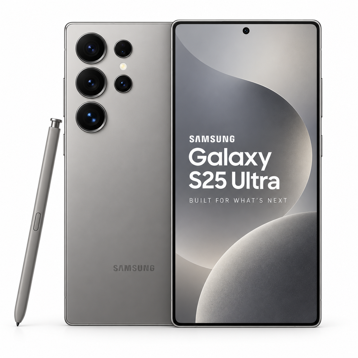 Samsung Galaxy S25 Ultra color Titanium Gray - frente, dorso y S Pen